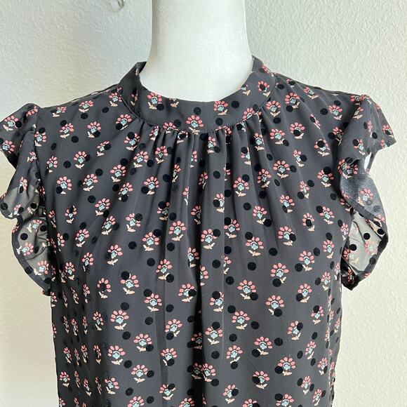 Dr2 Black Velvet Polka Dot Floral Back Tie Blouse Women's M Flutter Sleeve Top - Picture 2 of 7